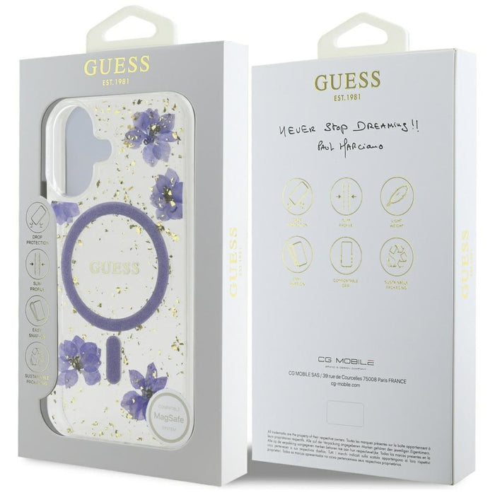 Guess Resin Flowers Glitter MagSafe case for iPhone 16 - purple