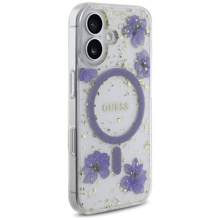 Guess Resin Flowers Glitter MagSafe case for iPhone 16 - purple
