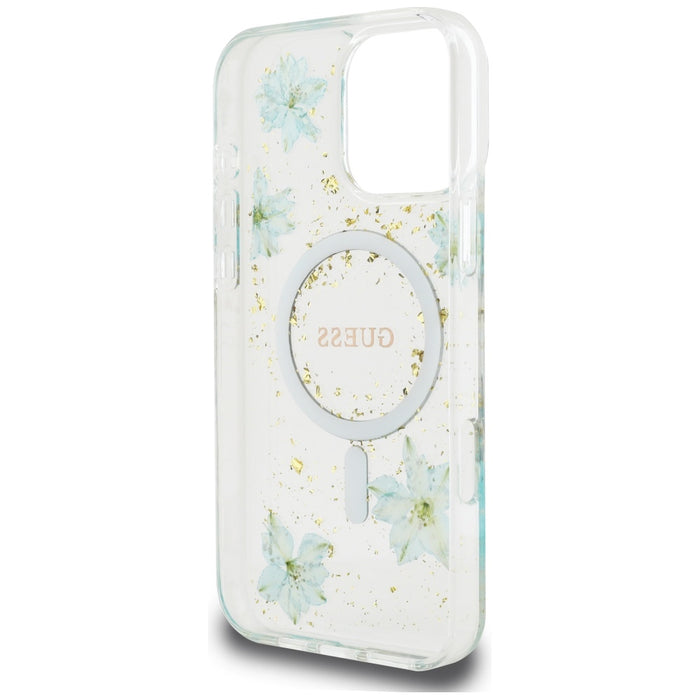 Guess Resin Flowers Glitter MagSafe iPhone 16 Pro Max Case - Clear Green