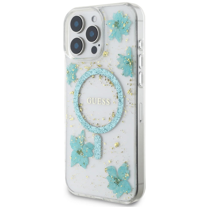 Guess Resin Flowers Glitter MagSafe iPhone 16 Pro Max Case - Clear Green