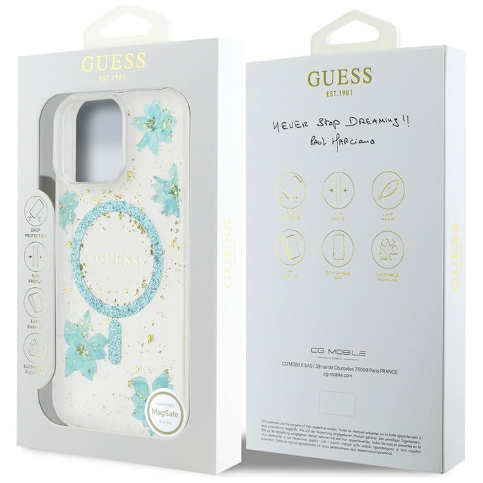 Guess Resin Flowers Glitter MagSafe iPhone 16 Pro Max Case - Clear Green