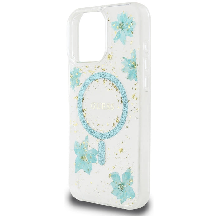 Guess Resin Flowers Glitter MagSafe iPhone 16 Pro Max Case - Clear Green