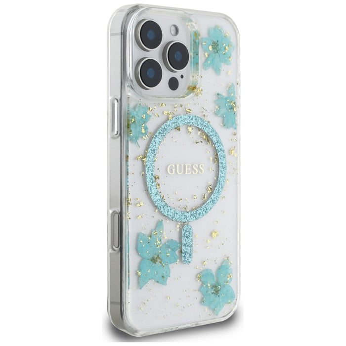Guess Resin Flowers Glitter MagSafe iPhone 16 Pro Case - Clear Green