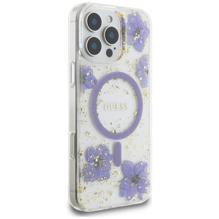 Guess Resin Flowers MagSafe case for iPhone 16 Pro - purple