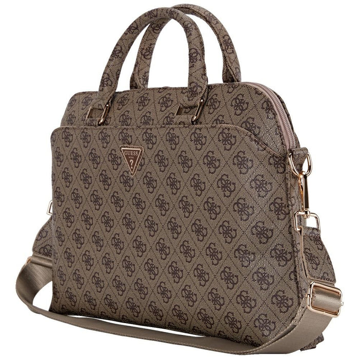 Guess 4G Zipper Pocket Triangle Logo 15&quot; Laptop Bag - Brown