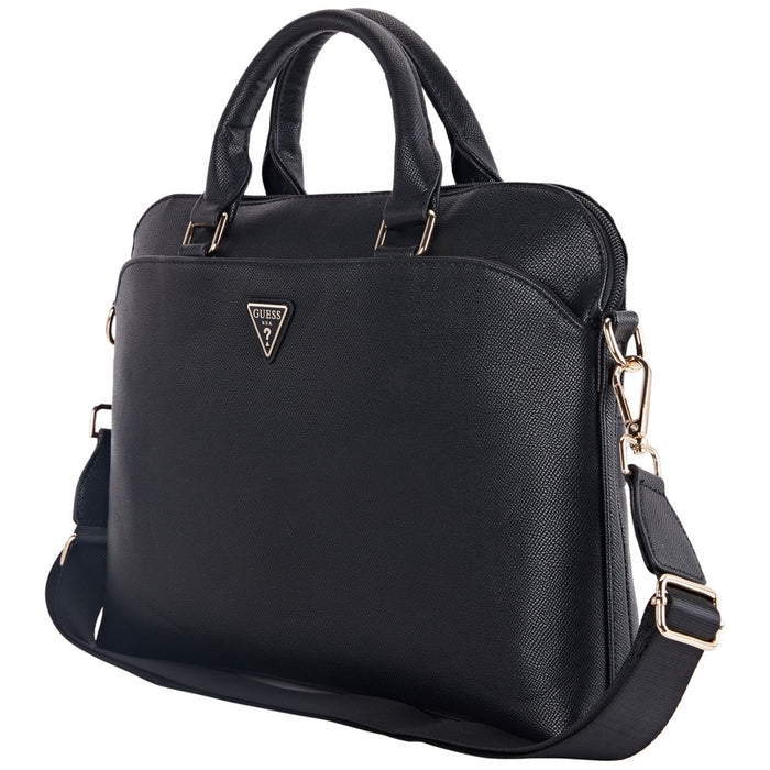 Guess Grained Zipper Pocket Triangle Logo 15&quot; Laptop Bag - Black