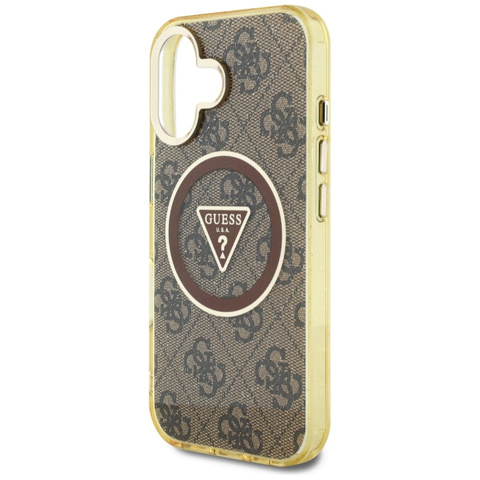 Guess IML Metal Glitter 4G Circle Triangle MagSafe Case for iPhone 16 - Brown