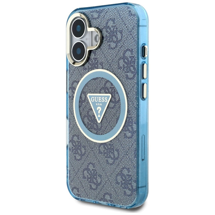 Guess IML Metal Glitter 4G Circle Triangle MagSafe Case for iPhone 16 - Blue