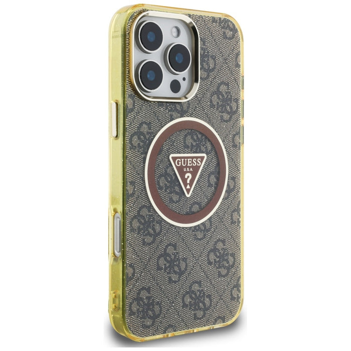 Guess IML Metal Glitter 4G Circle Triangle MagSafe Case for iPhone 16 Pro - Brown