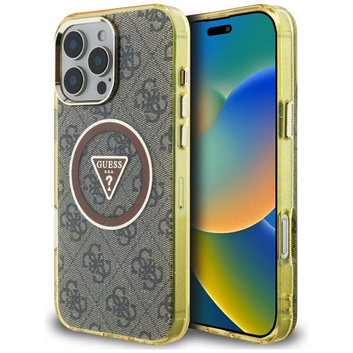 Guess IML Metal Glitter 4G Circle Triangle MagSafe Case for iPhone 16 Pro - Brown