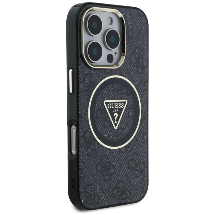 Guess IML Metal Glitter 4G Circle Triangle MagSafe Case for iPhone 16 Pro - Black