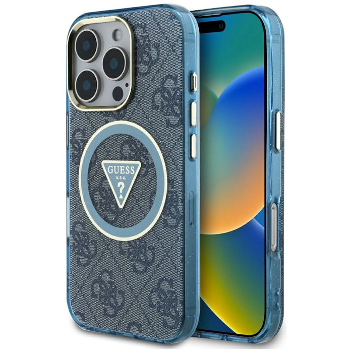 Guess IML Metal Glitter 4G Circle Triangle MagSafe Case for iPhone 16 Pro Max - Blue