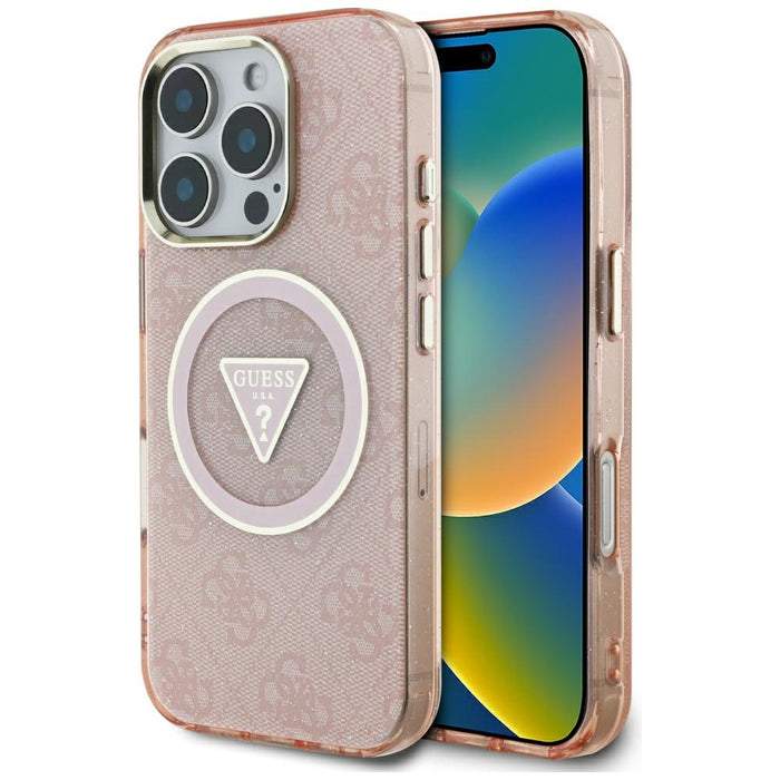 Guess IML Metal Glitter 4G Circle Triangle MagSafe Case for iPhone 16 Pro Max - Pink