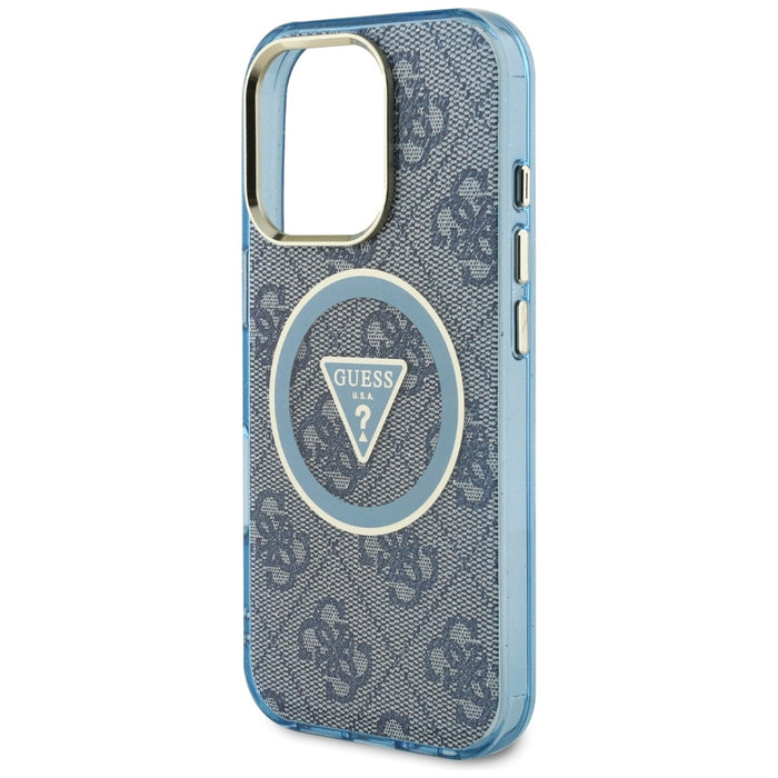 Guess IML Metal Glitter 4G Circle Triangle MagSafe Case for iPhone 16 Pro - Blue