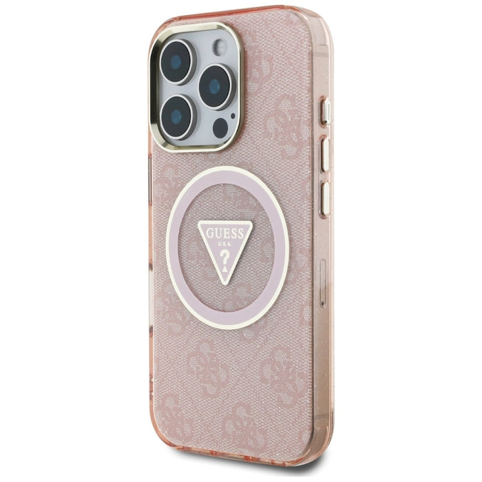 Guess IML Metal Glitter 4G Circle Triangle MagSafe Case for iPhone 16 Pro - Pink