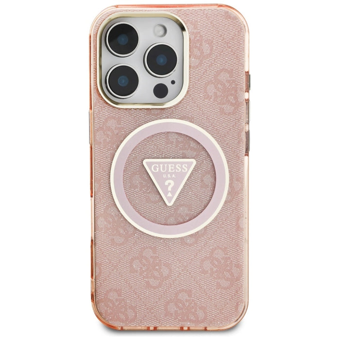 Guess IML Metal Glitter 4G Circle Triangle MagSafe Case for iPhone 16 Pro - Pink