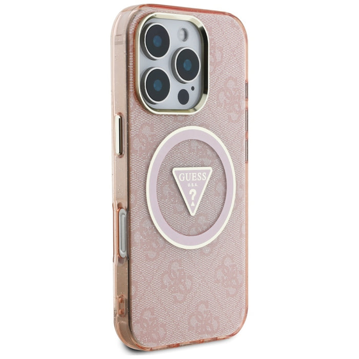 Guess IML Metal Glitter 4G Circle Triangle MagSafe Case for iPhone 16 Pro - Pink