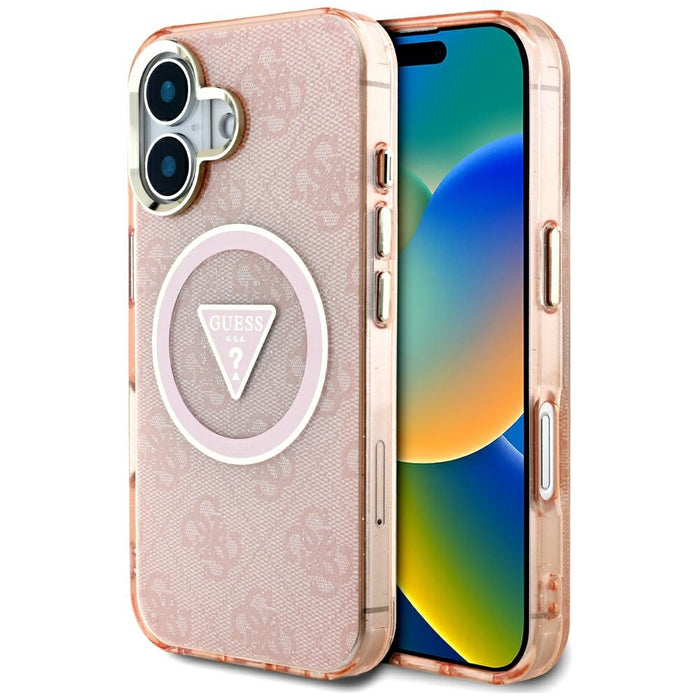 Guess IML Metal Glitter 4G Circle Triangle MagSafe case for iPhone 16 - pink