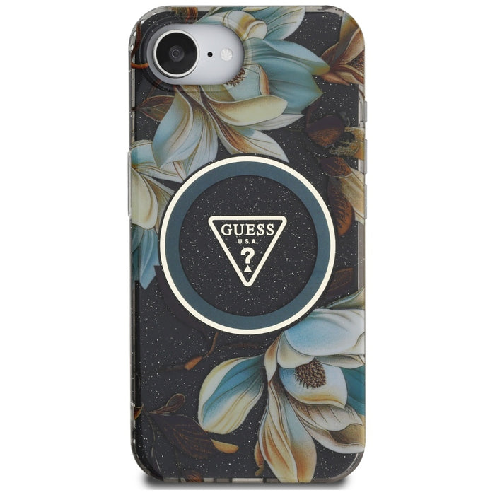 Guess IML Metal Glitter Flowers Triangle MagSafe case for iPhone 16e - black