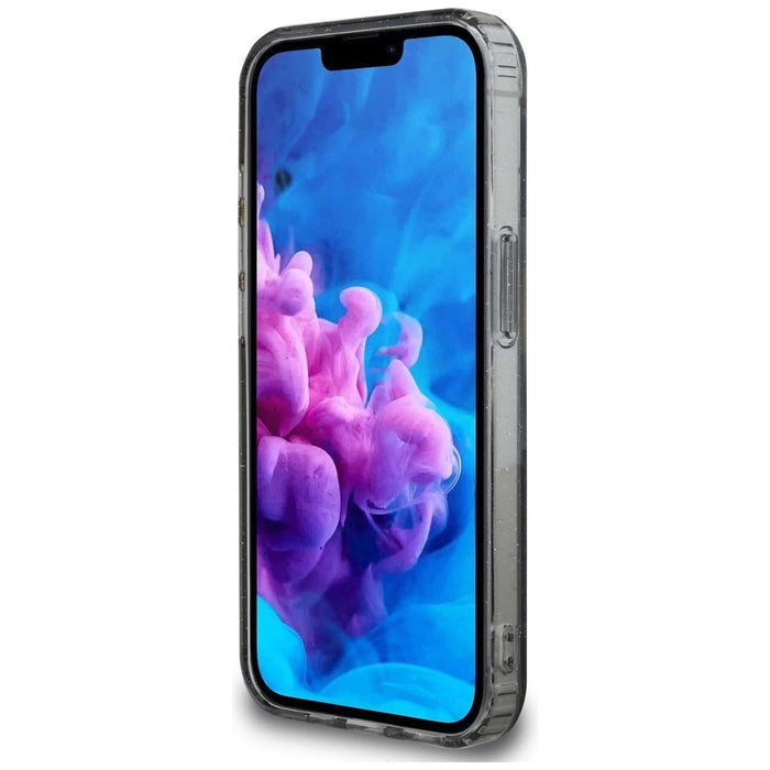 Guess IML Metal Glitter Flowers Triangle MagSafe case for iPhone 16e - black