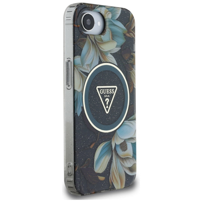 Guess IML Metal Glitter Flowers Triangle MagSafe case for iPhone 16e - black