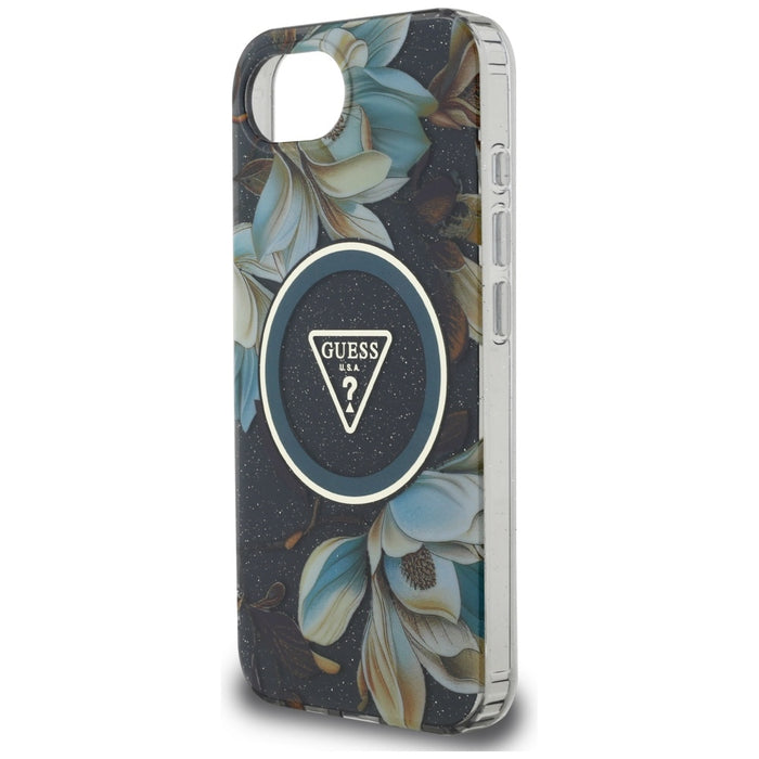 Guess IML Metal Glitter Flowers Triangle MagSafe case for iPhone 16e - black