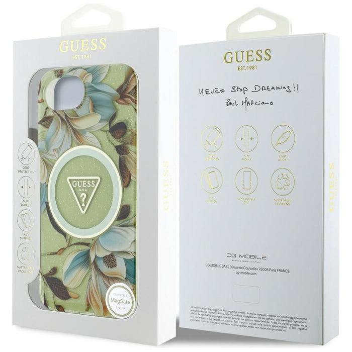 Guess IML Metal Glitter Flowers Triangle MagSafe iPhone 16e Case - Green