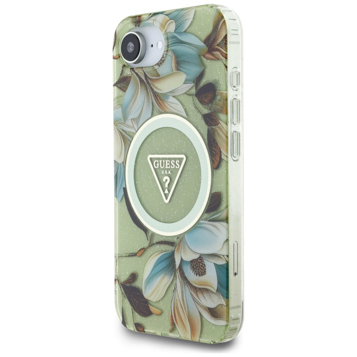 Guess IML Metal Glitter Flowers Triangle MagSafe iPhone 16e Case - Green