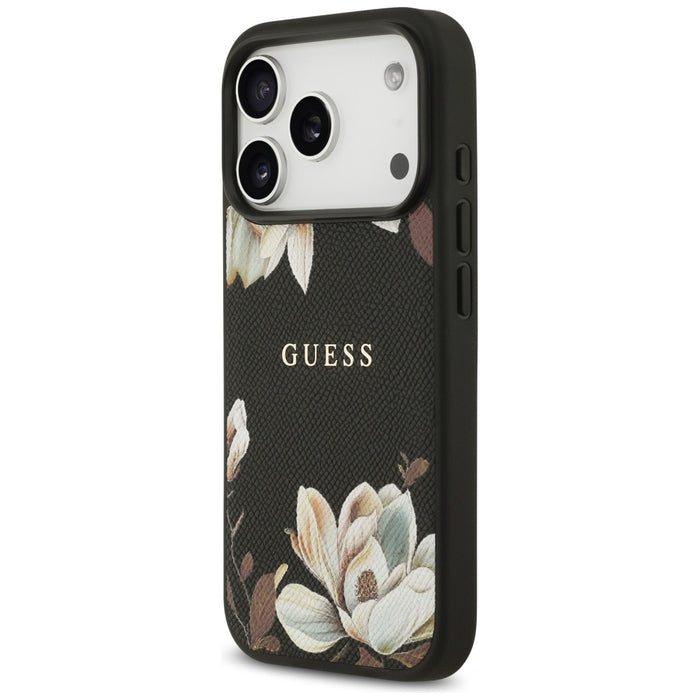 Guess Grained Flowers Classic Logo MagSafe case for iPhone 17 Pro - black
