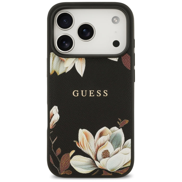 Guess Grained Flowers Classic Logo MagSafe case for iPhone 17 Pro - black