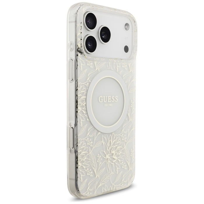 Guess IML Flowers Electro Pearl Strap MagSafe Case for iPhone 17 Pro Max - White