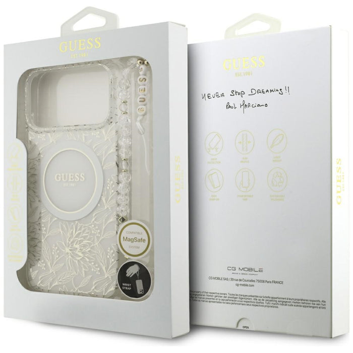 Guess IML Flowers Electro Pearl Strap MagSafe Case for iPhone 17 Pro Max - White