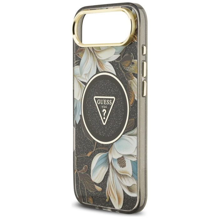 Guess IML Glitter Flowers Triangle MagSafe case for iPhone Air - black
