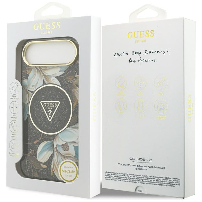 Guess IML Glitter Flowers Triangle MagSafe case for iPhone Air - black