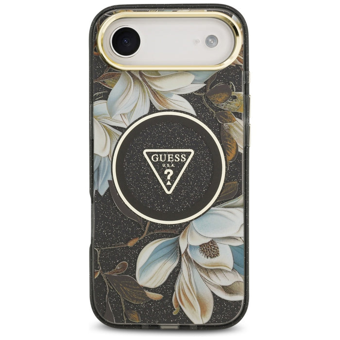 Guess IML Glitter Flowers Triangle MagSafe case for iPhone Air - black