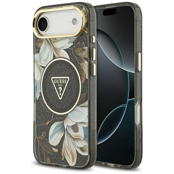 Guess IML Glitter Flowers Triangle MagSafe case for iPhone Air - black