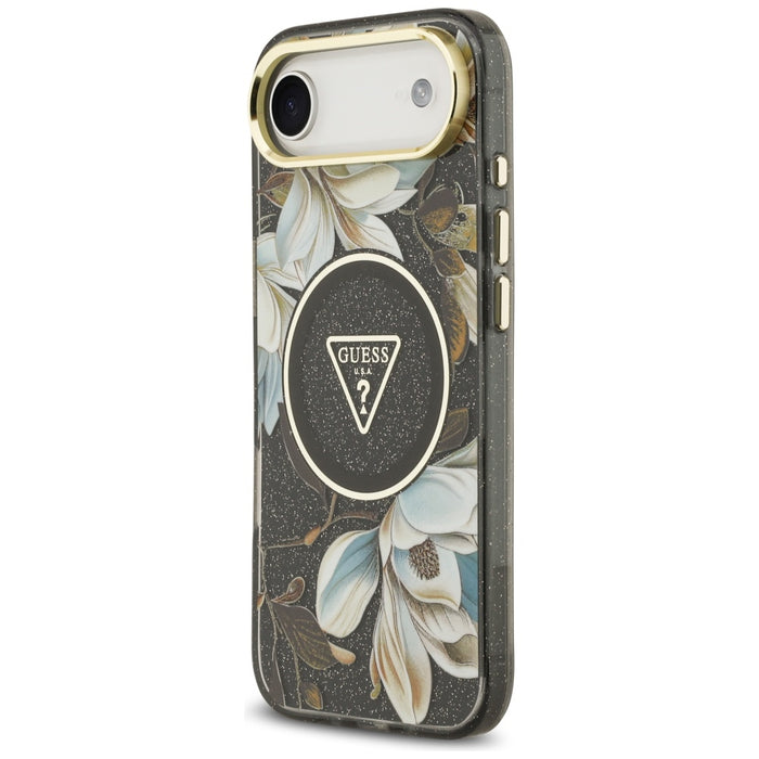 Guess IML Glitter Flowers Triangle MagSafe case for iPhone Air - black