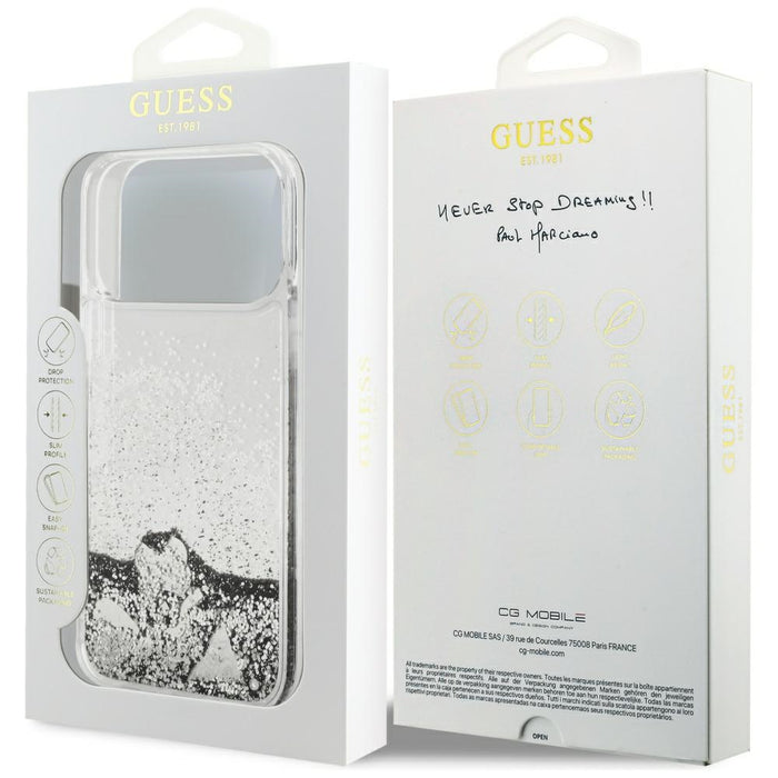 Guess Liq case. Glitter Charms for iPhone 17 Pro Max - silver