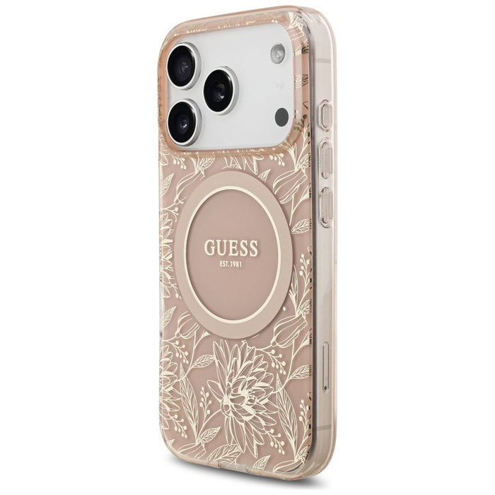 Guess IML Flowers Electro Pearl Strap MagSafe Case for iPhone 17 Pro - Pink