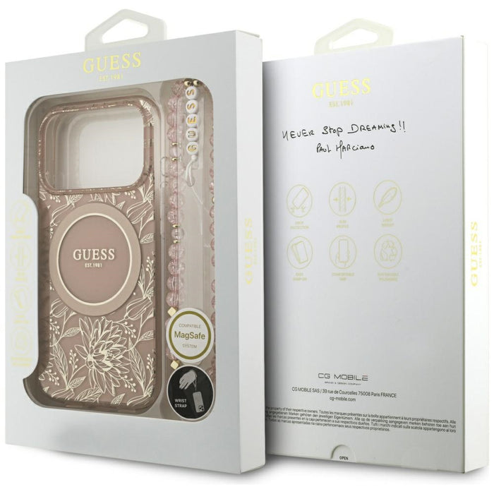 Guess IML Flowers Electro Pearl Strap MagSafe Case for iPhone 17 Pro - Pink