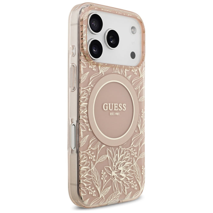 Guess IML Flowers Electro Pearl Strap MagSafe Case for iPhone 17 Pro - Pink