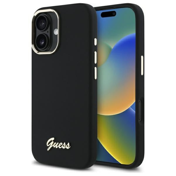 Guess Silicone Script Metal Logo &amp; Frame Case for iPhone 16 Plus - Black