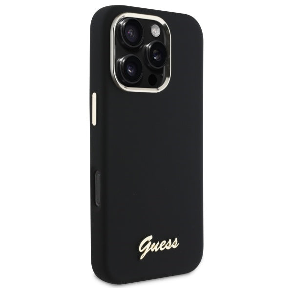 Guess Silicone Script Metal Logo &amp; Frame Case for iPhone 16 Pro Max - Black