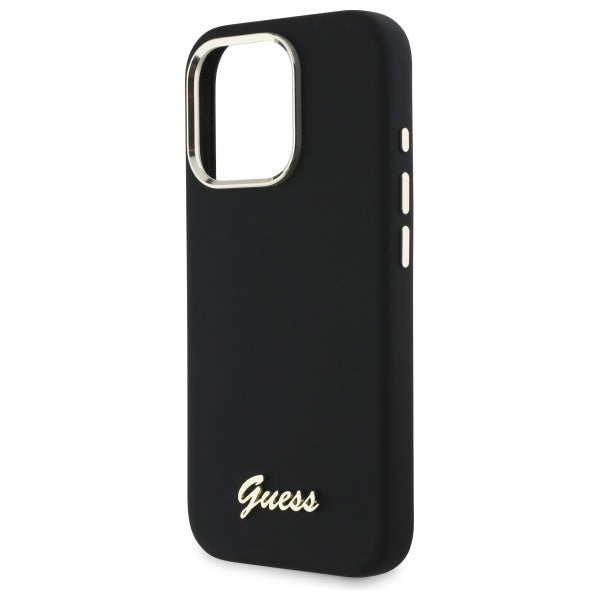 Guess Silicone Script Metal Logo &amp; Frame Case for iPhone 16 Pro Max - Black