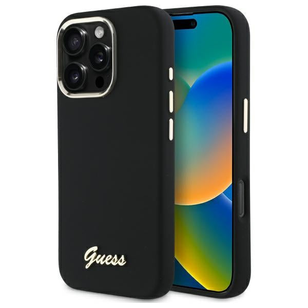 Guess Silicone Script Metal Logo &amp; Frame Case for iPhone 16 Pro Max - Black