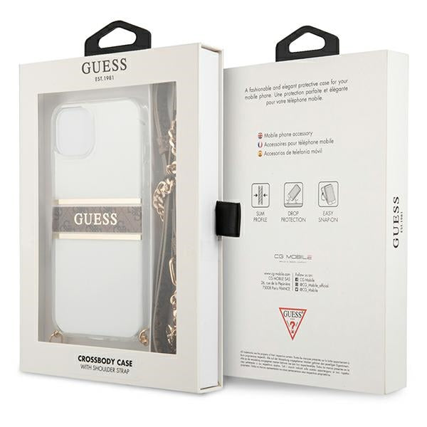 Guess GUHCP13SKC4GBGO iPhone 13 mini 5.4" Transparent hardcase 4G Brown Strap Gold Chain