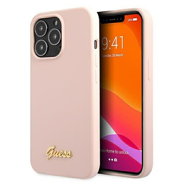 Guess GUHMP13XLSLMGLP iPhone 13 Pro Max 6.7" light pink/light pink hardcase Silicone Script Gold Logo Magsafe
