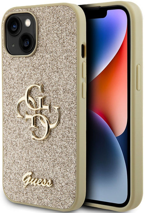 Guess Glitter Script Big 4G iPhone 15 Case - Gold