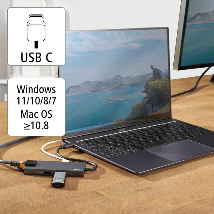 USB-C hub, 5-port, 2 x USB-A, 1 x USB-C, 1 x HDMI, 1x LAN, Gray