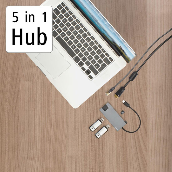 USB-C hub, 5-port, 2 x USB-A, 1 x USB-C, 1 x HDMI, 1x LAN, Gray
